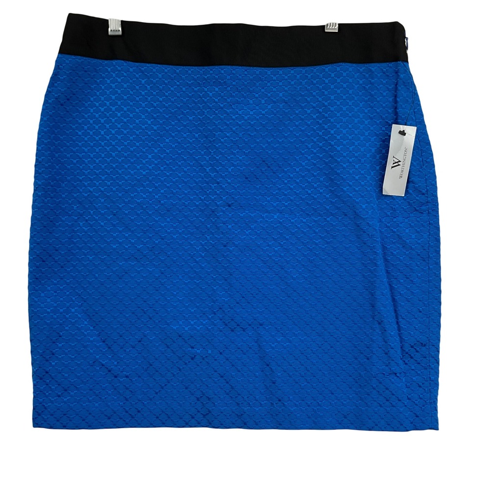 Worthington‎ Womens Blue Jacquard Pencil Skirt Black Waistband Size 14 New